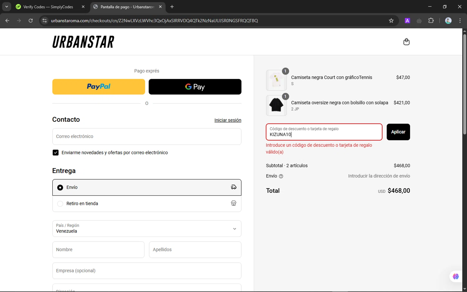 Urbanstar discount code screenshot showing code KIZUNA10 applied at Urbanstar checkout page. Uploaded by SimplyCodes community member NobleScholar188 on May 8, 2025