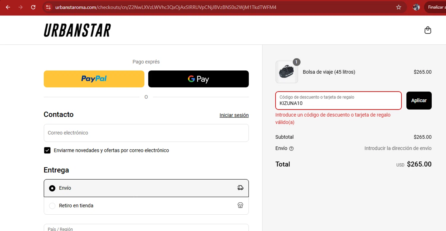 Urbanstar discount code screenshot showing code KIZUNA10 applied at Urbanstar checkout page. Uploaded by SimplyCodes community member kimberlinmartinez on May 8, 2025