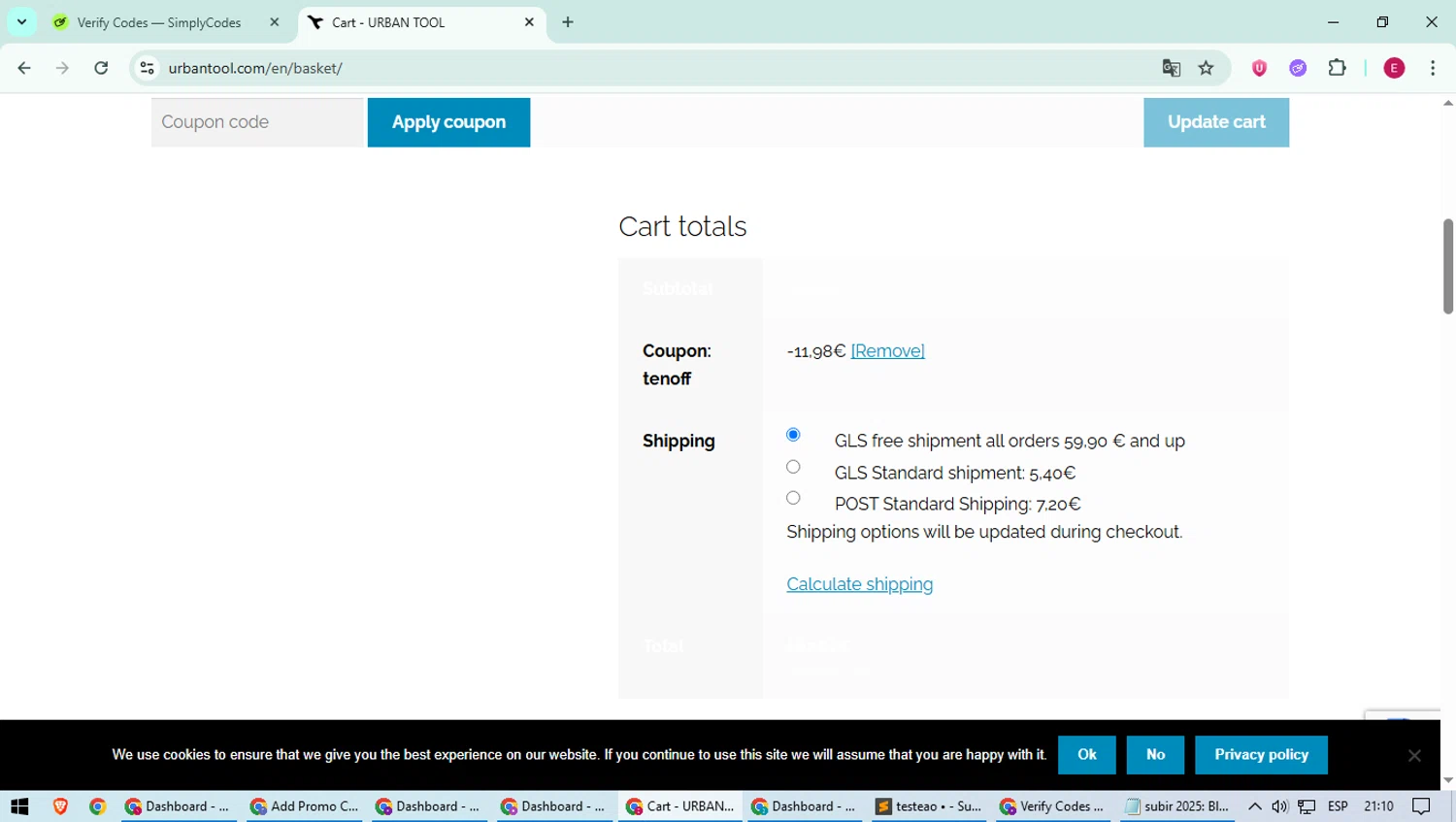 Urbantool promo code screenshot showing code TENOFF applied at Urbantool checkout page. Uploaded by SimplyCodes community member BrilliantWhiz4434 on Jun 26, 2025