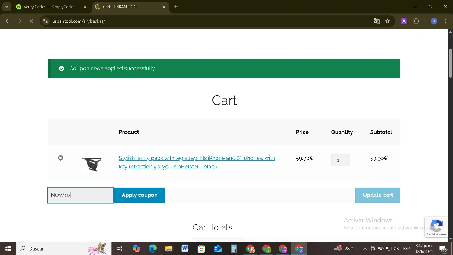 Urbantool promo code screenshot showing code NOW10 applied at Urbantool checkout page. Uploaded by SimplyCodes community member EpicSage3474 on Jun 19, 2025