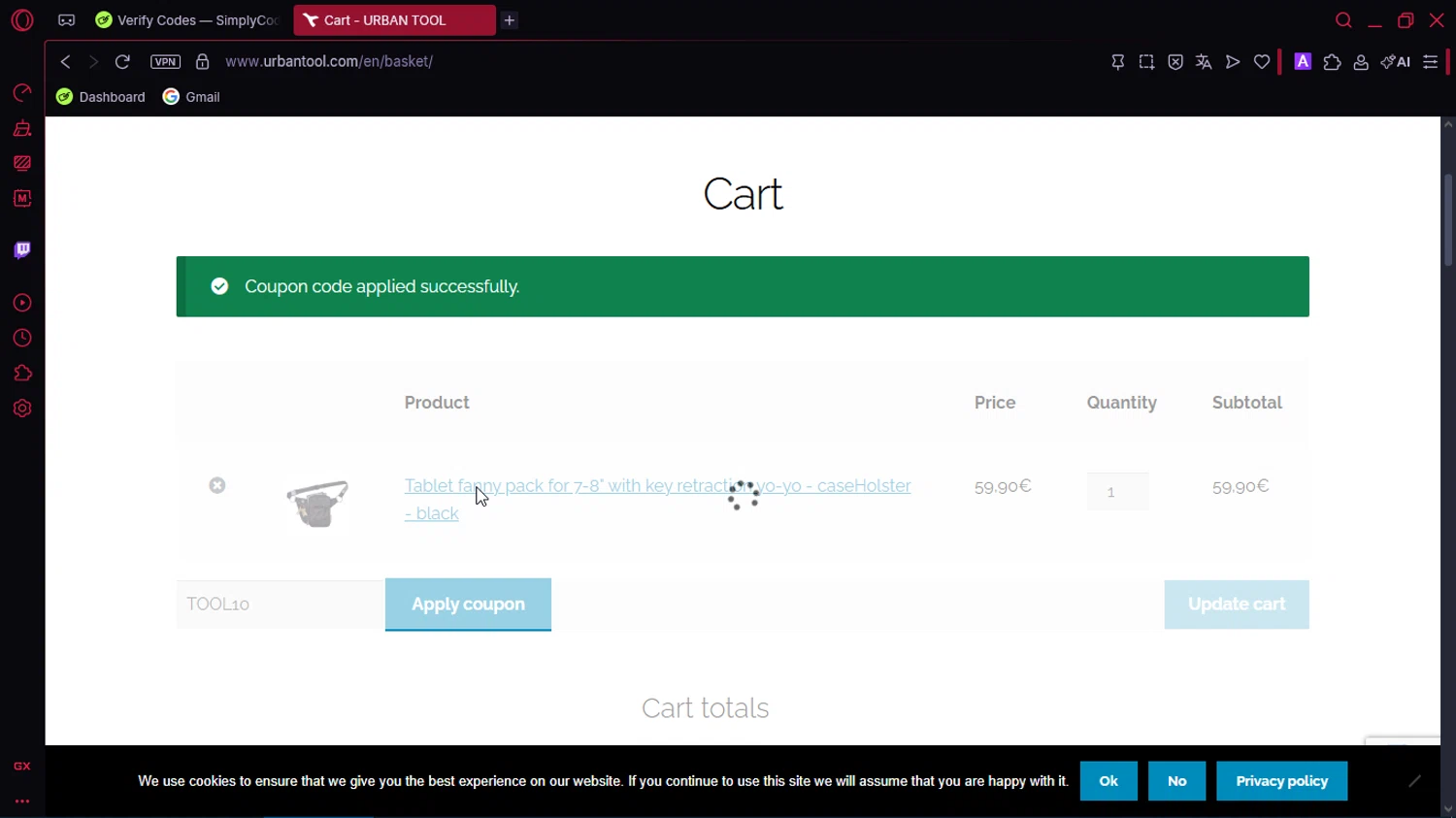 Urbantool promo code screenshot showing code TOOL10 applied at Urbantool checkout page. Uploaded by SimplyCodes community member ShrewdPioneer2612 on Dec 28, 2025