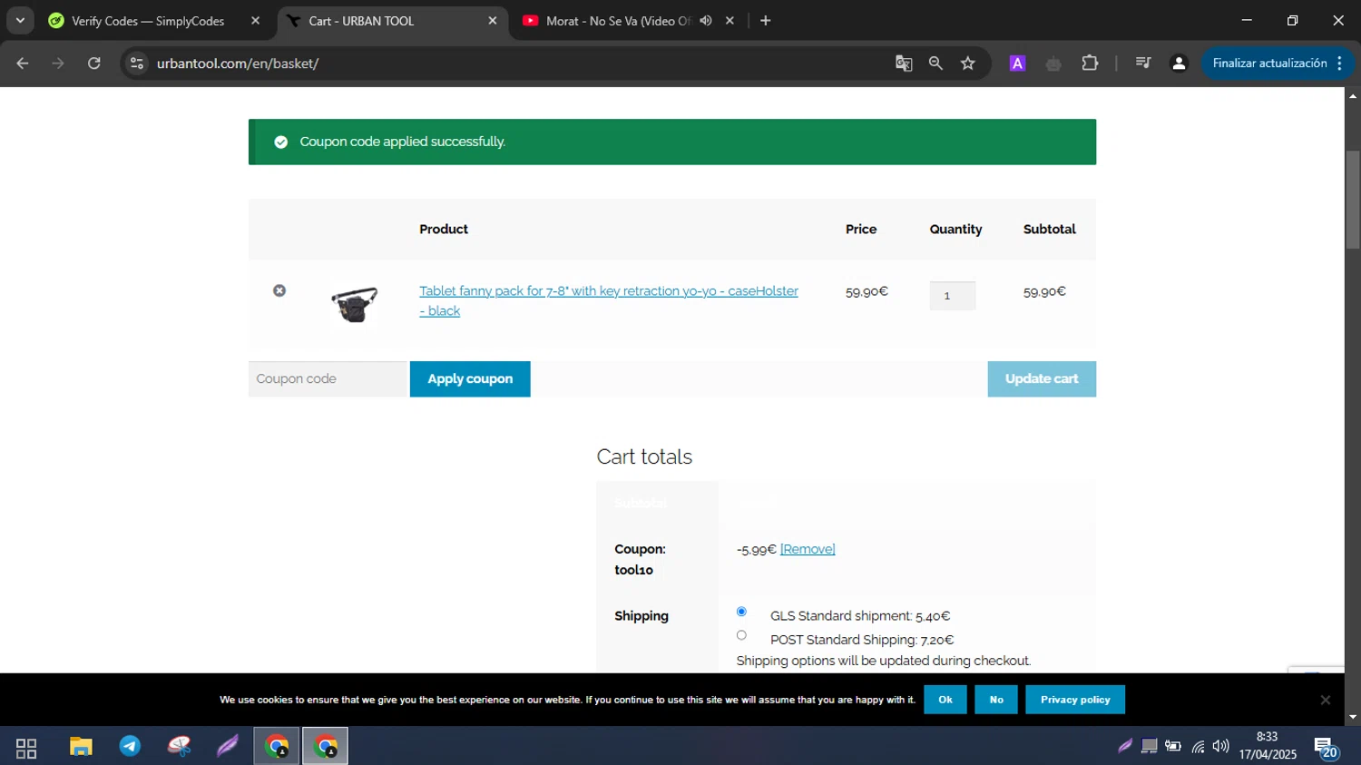 Urbantool promo code screenshot showing code TOOL10 applied at Urbantool checkout page. Uploaded by SimplyCodes community member carlstrike on Apr 17, 2025
