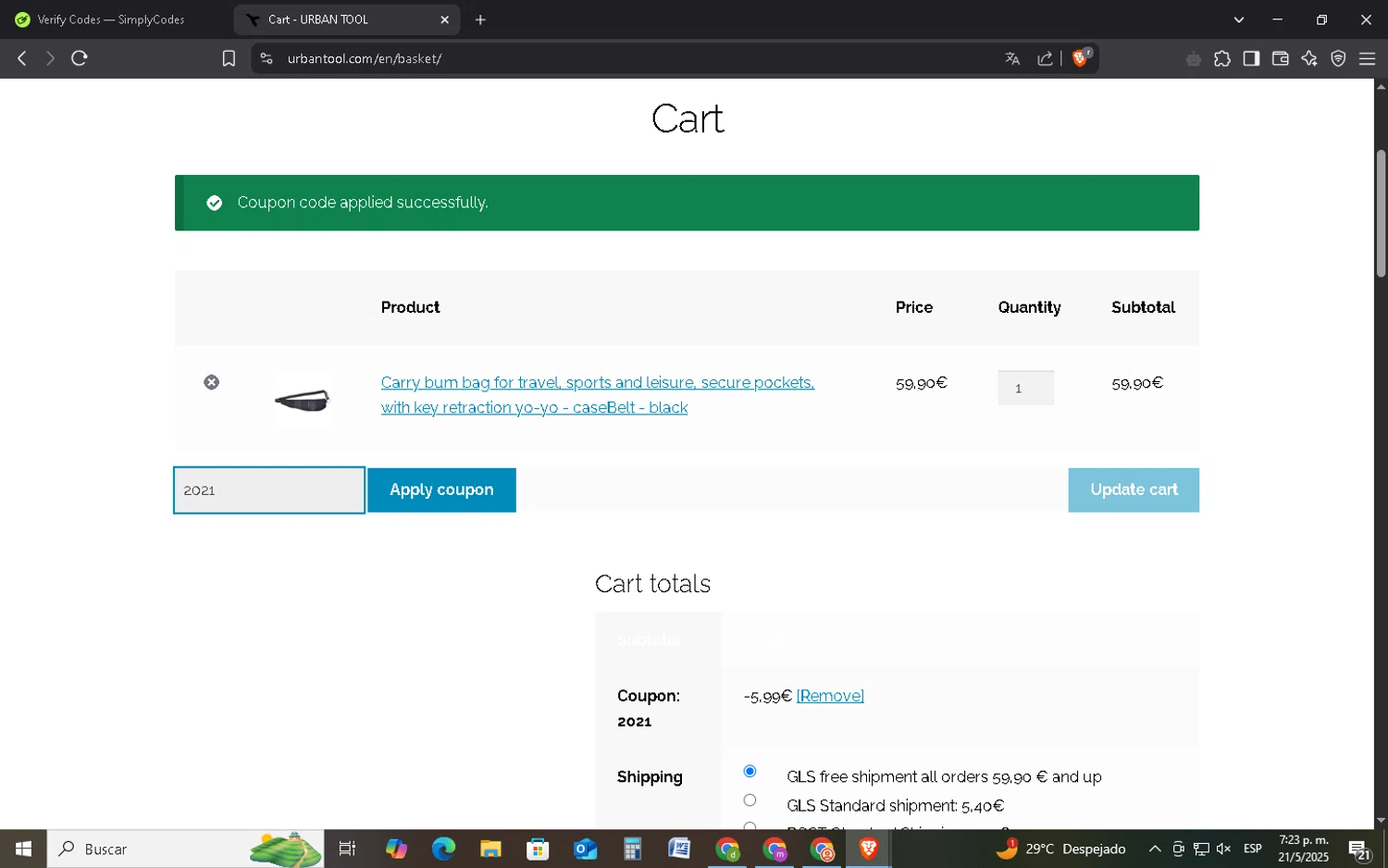 Urbantool promo code screenshot showing code 2021 applied at Urbantool checkout page. Uploaded by SimplyCodes community member FrugalMonarch7277 on May 21, 2025