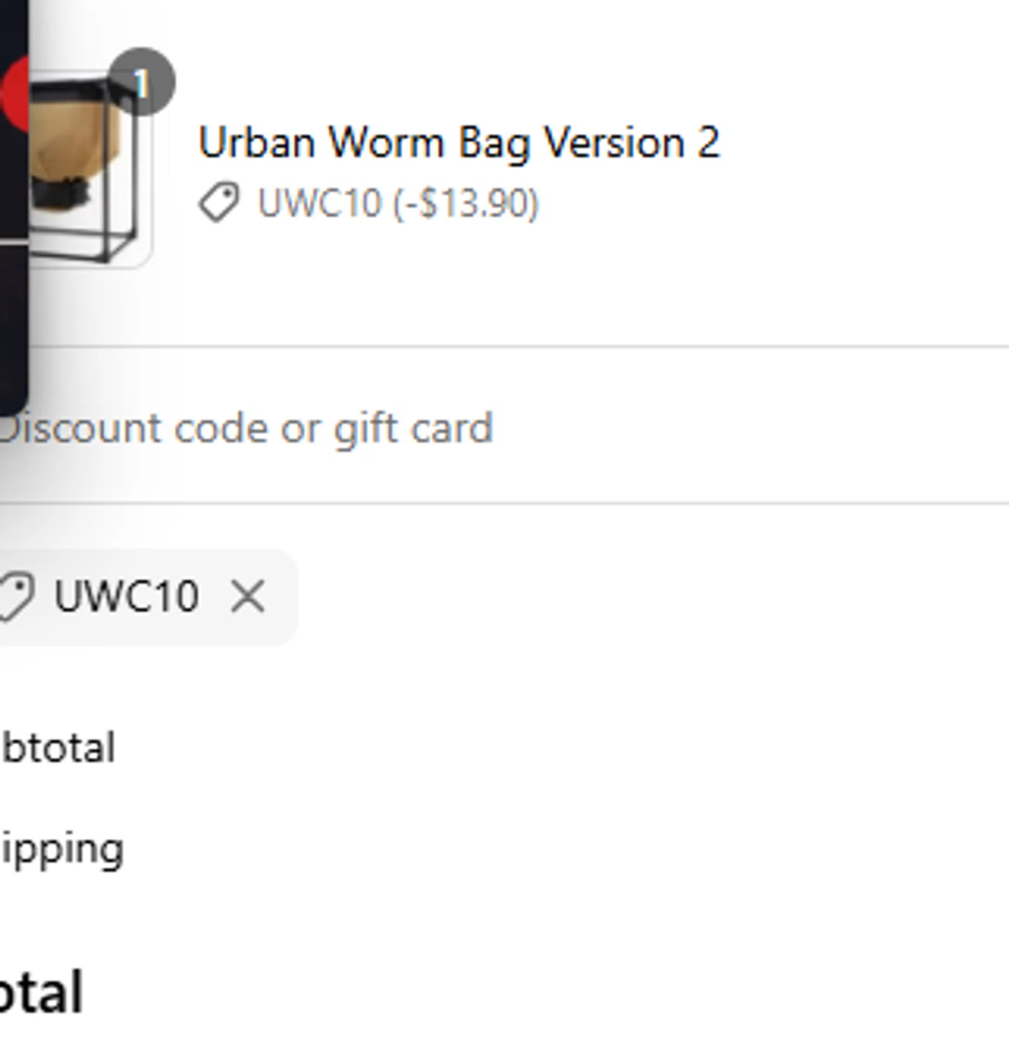 Urban Worm Company promo code screenshot showing code UWC10 applied at Urban Worm Company checkout page. Uploaded by SimplyCodes community member Charly2607 on Aug 17, 2025
