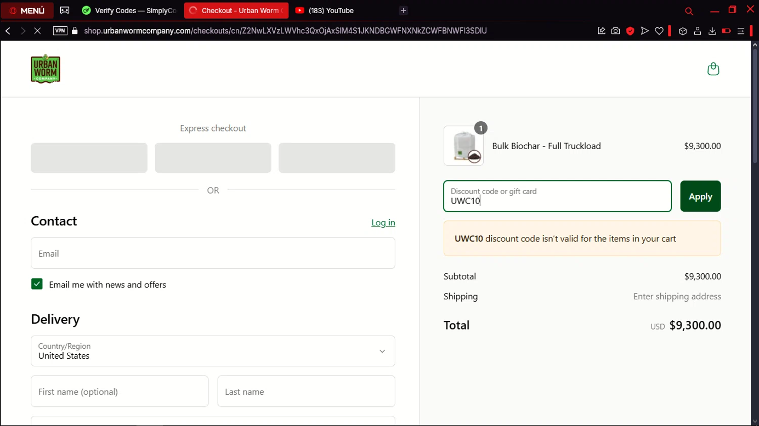 Urban Worm Company promo code screenshot showing code UWC10 applied at Urban Worm Company checkout page. Uploaded by SimplyCodes community member jdecxxx on Apr 20, 2025