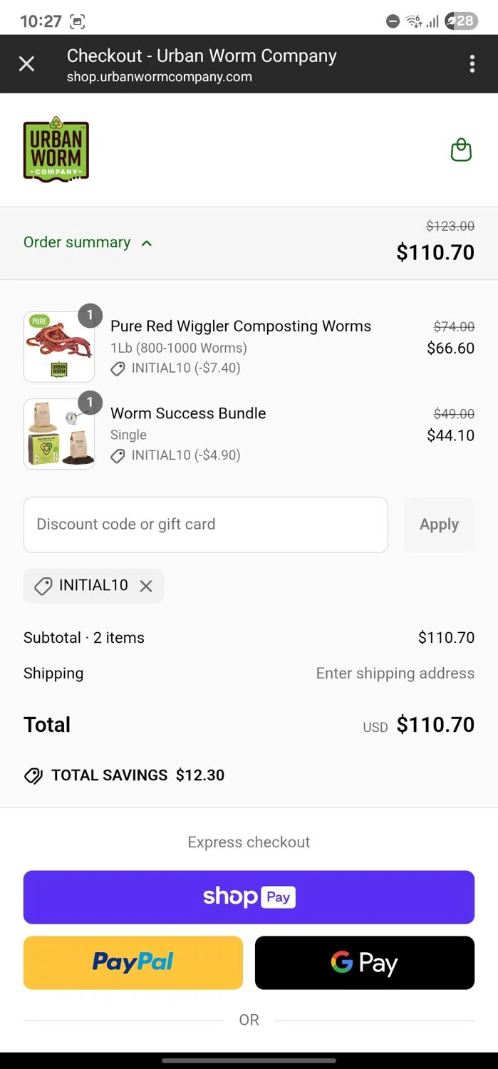 Urban Worm Company promo code screenshot showing code INITIAL10 applied at Urban Worm Company checkout page. Uploaded by SimplyCodes community member FortunateLynx2589 on Jun 16, 2025