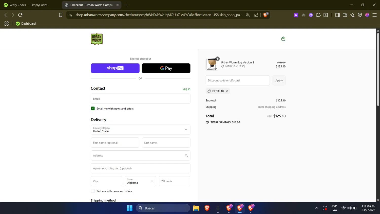 Urban Worm Company promo code screenshot showing code INITIAL10 applied at Urban Worm Company checkout page. Uploaded by SimplyCodes community member SwiftTracker9305 on Jul 23, 2025