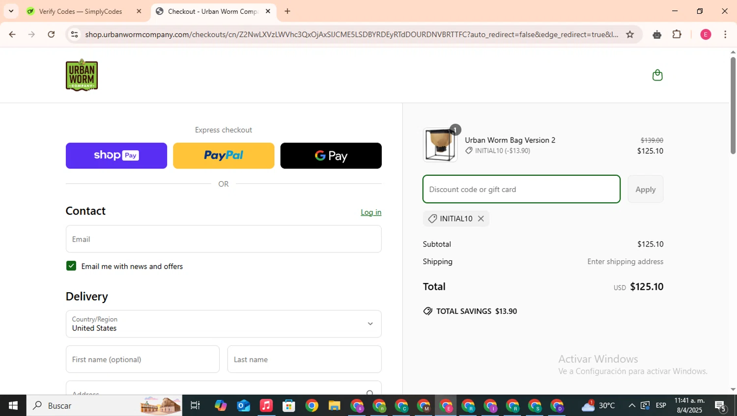 Urban Worm Company promo code screenshot showing code INITIAL10 applied at Urban Worm Company checkout page. Uploaded by SimplyCodes community member CouponHero7312 on Apr 8, 2025