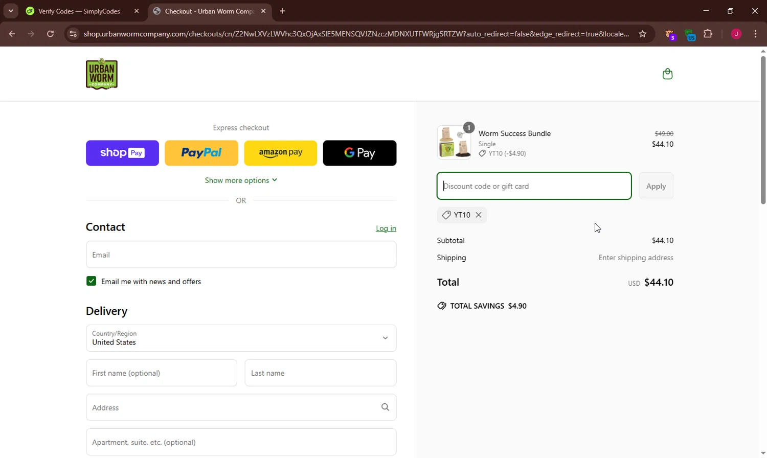 Urban Worm Company promo code screenshot showing code YT10 applied at Urban Worm Company checkout page. Uploaded by SimplyCodes community member SavvyHawk1474 on Mar 26, 2025