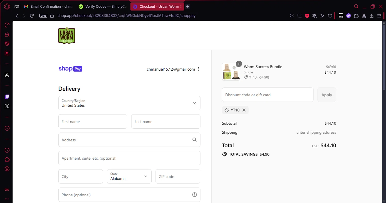 Urban Worm Company promo code screenshot showing code YT10 applied at Urban Worm Company checkout page. Uploaded by SimplyCodes community member Veigarwaton on Jul 23, 2025
