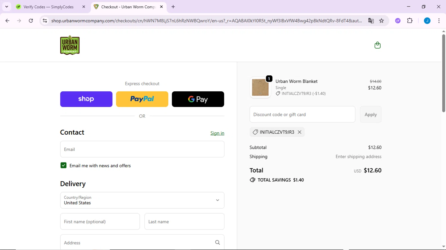 Urban Worm Company promo code screenshot showing code INITIALCZVT9JR3 applied at Urban Worm Company checkout page. Uploaded by SimplyCodes community member CodeLynx3161 on Jan 8, 2026