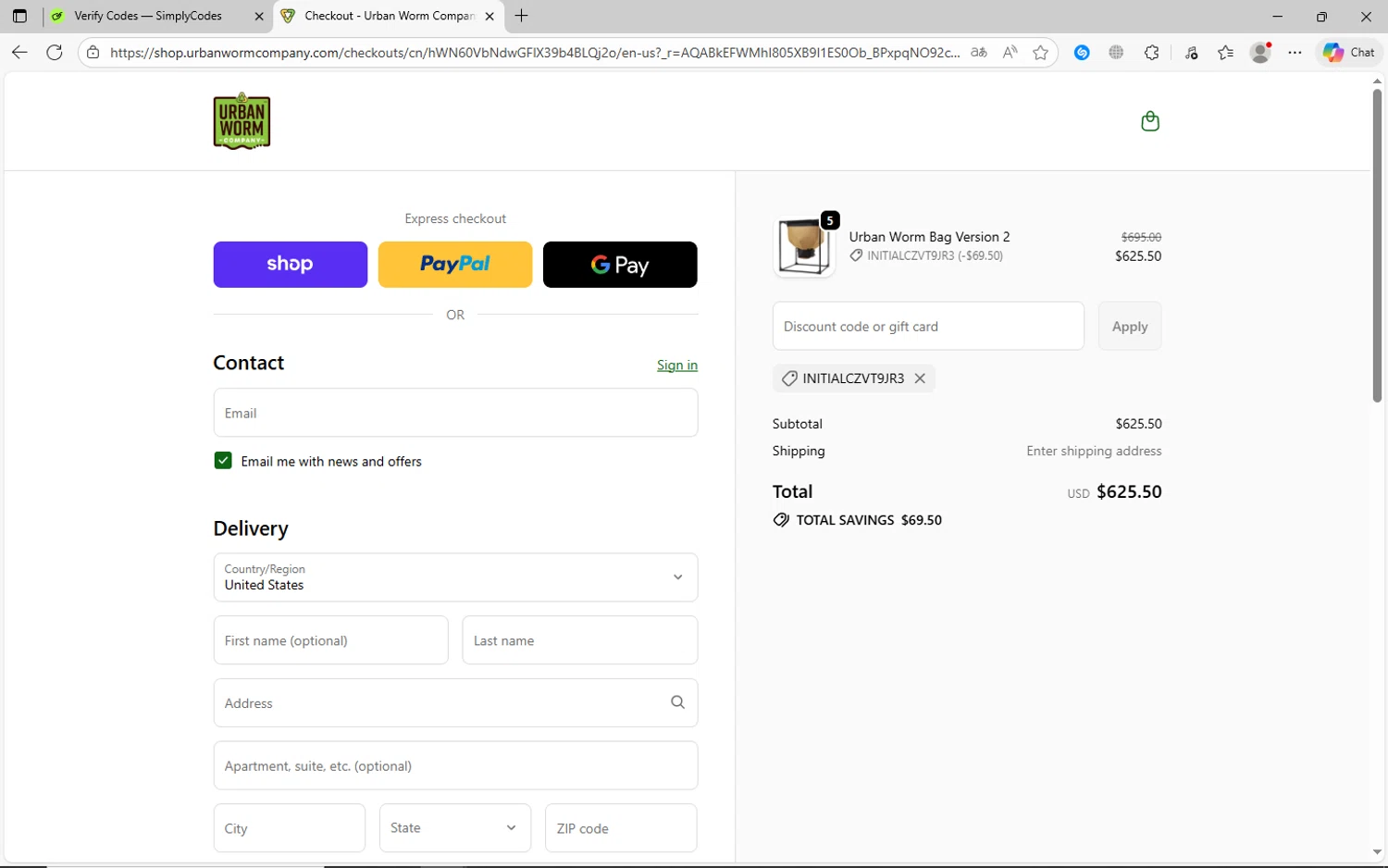 Urban Worm Company promo code screenshot showing code INITIALCZVT9JR3 applied at Urban Worm Company checkout page. Uploaded by SimplyCodes community member jhoanDepp on Dec 3, 2025