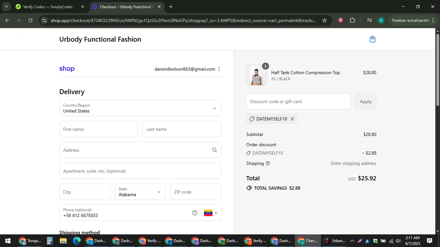 Urbody discount code screenshot showing code datemyself10 applied at Urbody checkout page. Uploaded by SimplyCodes community member ThriftyLion6776 on Sep 7, 2025