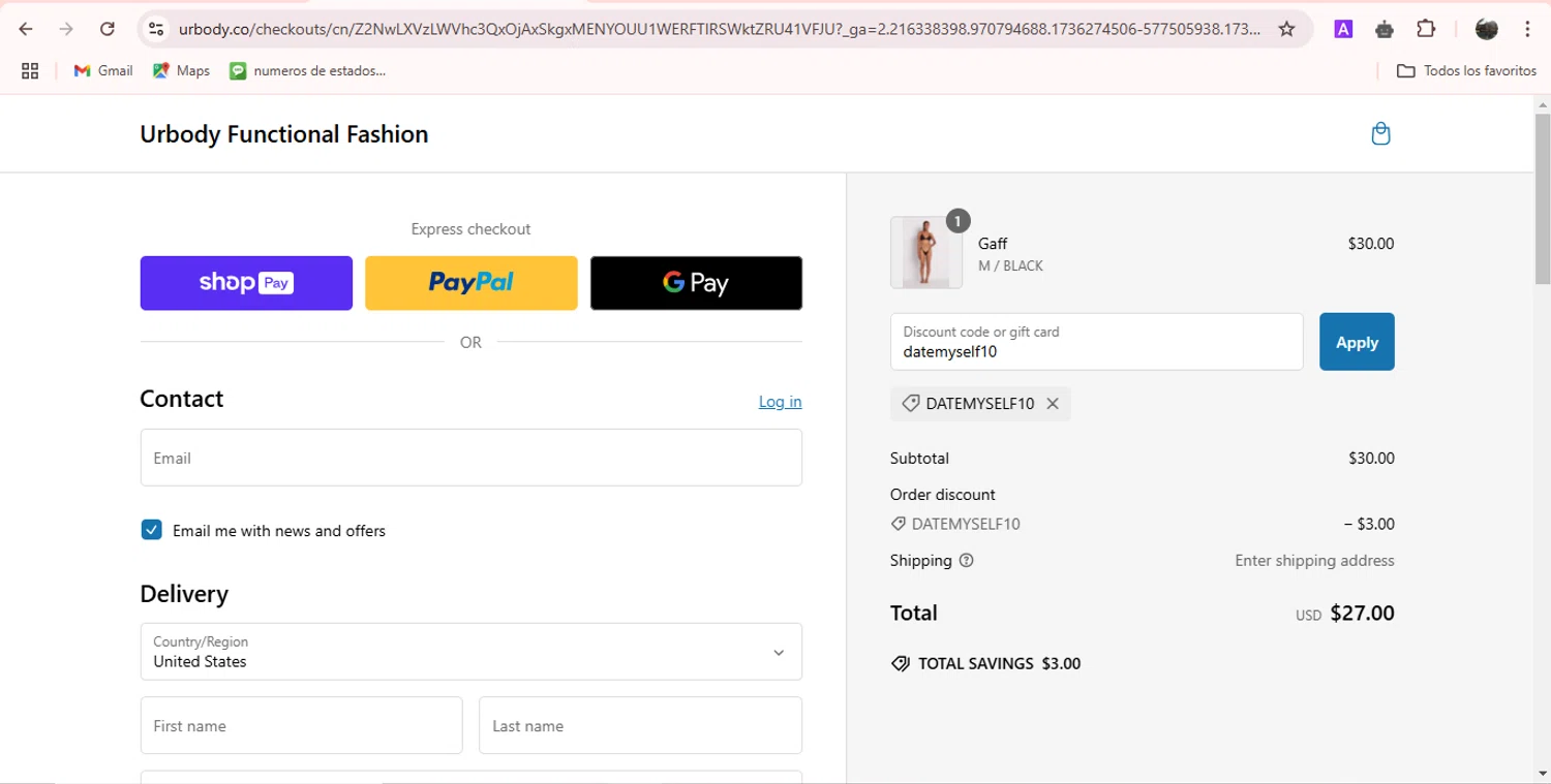 Urbody discount code screenshot showing code datemyself10 applied at Urbody checkout page. Uploaded by SimplyCodes community member adrianvasquez1 on Jan 7, 2025