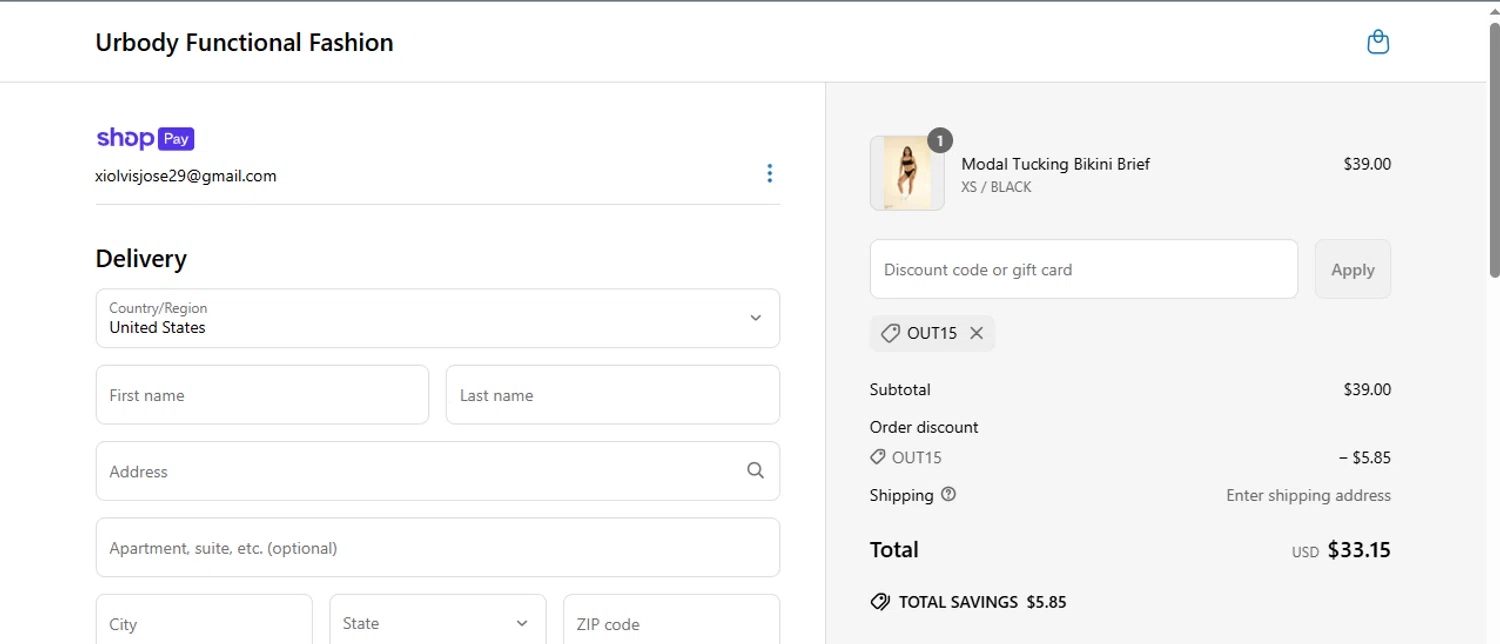 Urbody discount code screenshot showing code OUT15 applied at Urbody checkout page. Uploaded by SimplyCodes community member Xiooh292929 on Apr 3, 2025