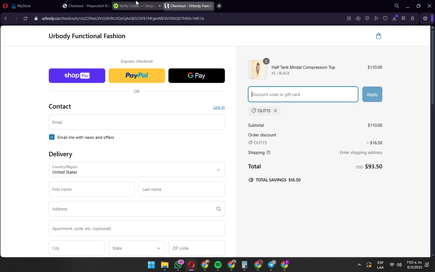 Urbody discount code screenshot showing code OUT15 applied at Urbody checkout page. Uploaded by SimplyCodes community member wednesday on Mar 6, 2025
