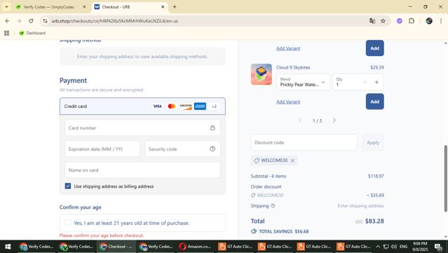 Urb checkout page showing Urb coupon code box | Screenshot taken by SimplyCodes community member on Sep 9, 2025