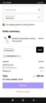 comenback10 coupon verification screenshot