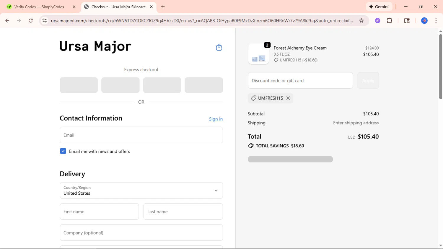Ursa Major Skincare promo code screenshot showing code UMFRESH15 applied at Ursa Major Skincare checkout page. Uploaded by SimplyCodes community member Avio_21 on Nov 19, 2025