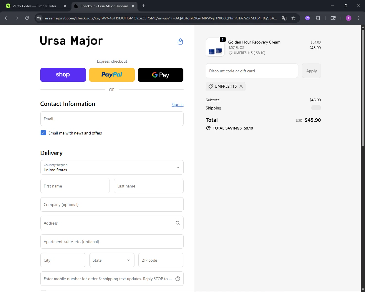 Ursa Major Skincare promo code screenshot showing code UMFRESH15 applied at Ursa Major Skincare checkout page. Uploaded by SimplyCodes community member CleverFinder9623 on Nov 2, 2025
