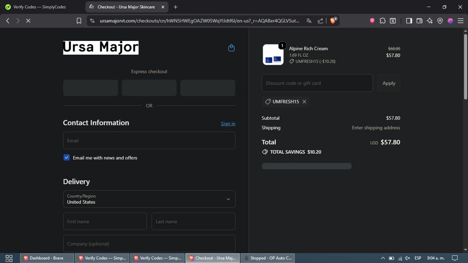 Ursa Major Skincare promo code screenshot showing code UMFRESH15 applied at Ursa Major Skincare checkout page. Uploaded by SimplyCodes community member Waynesmith on Nov 14, 2025