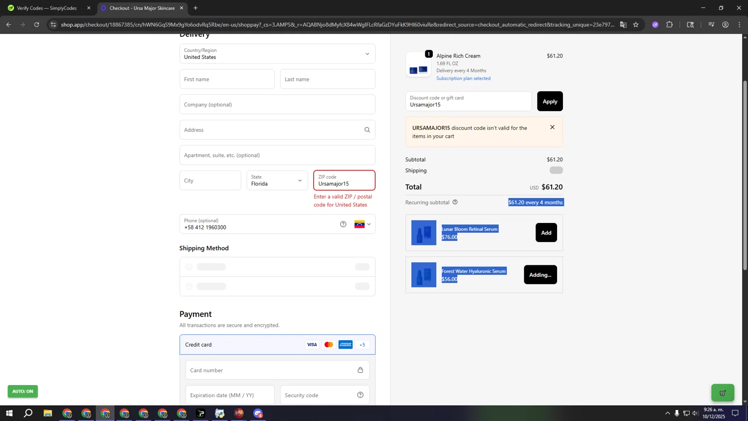 Ursa Major Skincare promo code screenshot showing code Ursamajor15 applied at Ursa Major Skincare checkout page. Uploaded by SimplyCodes community member lllllllllllllll on Dec 10, 2025
