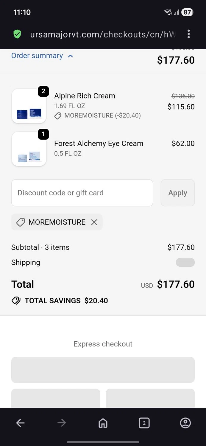 Ursa Major Skincare promo code screenshot showing code Moremoisture applied at Ursa Major Skincare checkout page. Uploaded by SimplyCodes community member BB9542251456527 on Feb 17, 2026