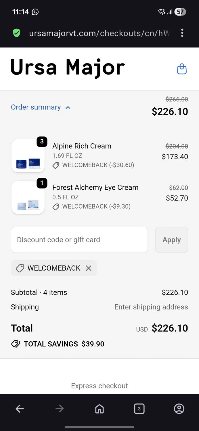 Ursa Major Skincare promo code screenshot showing code Welcomeback applied at Ursa Major Skincare checkout page. Uploaded by SimplyCodes community member BB9542251456527 on Feb 19, 2026
