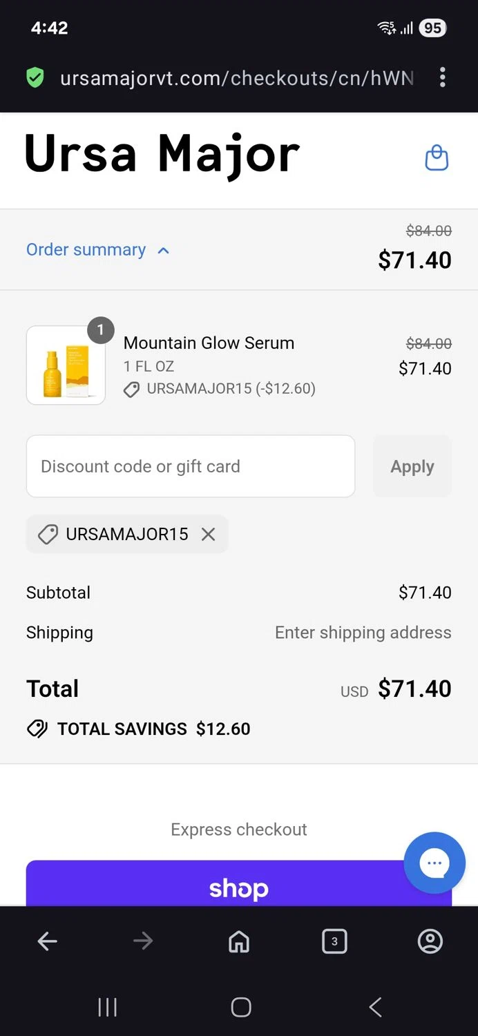 Ursa Major Skincare promo code screenshot showing code Ursamajor15 applied at Ursa Major Skincare checkout page. Uploaded by SimplyCodes community member BB9542251456527 on Sep 2, 2025