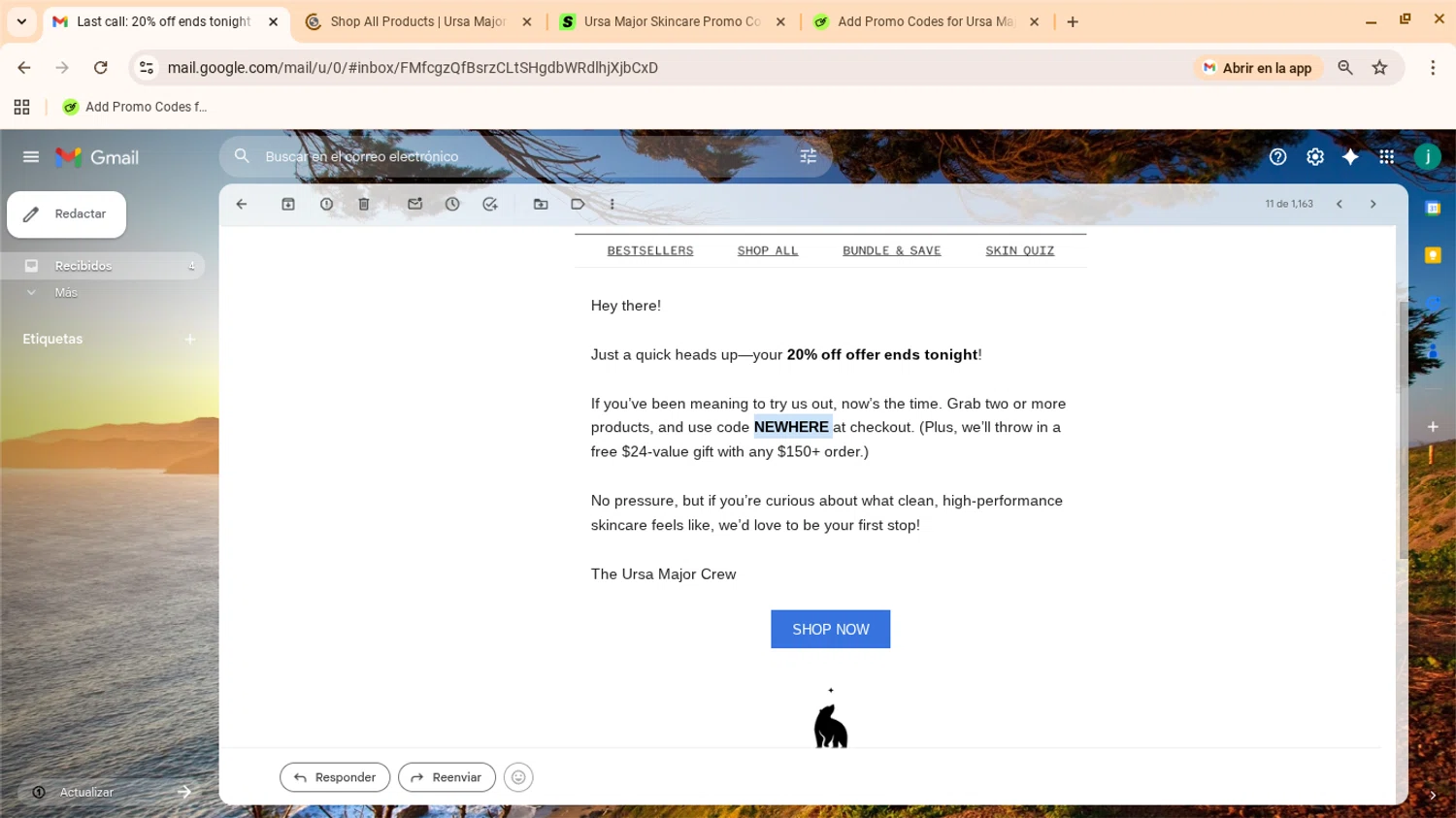 Ursa Major Skincare promo code screenshot showing code NEWHERE applied at Ursa Major Skincare checkout page. Uploaded by SimplyCodes community member yennifergonzalez on Feb 21, 2026