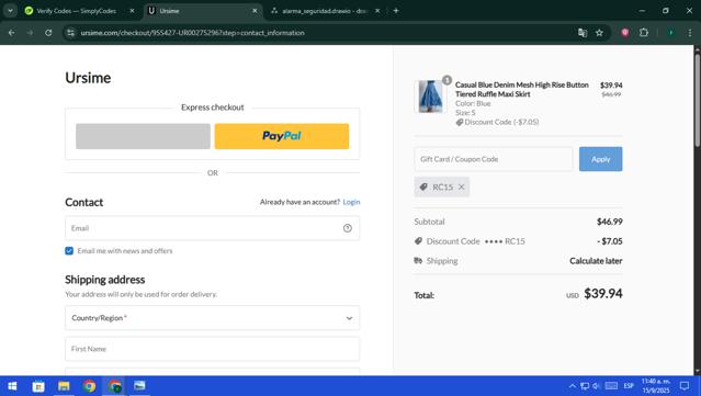 Ursime checkout page showing Ursime coupon code box | Screenshot taken by SimplyCodes community member on Sep 15, 2025