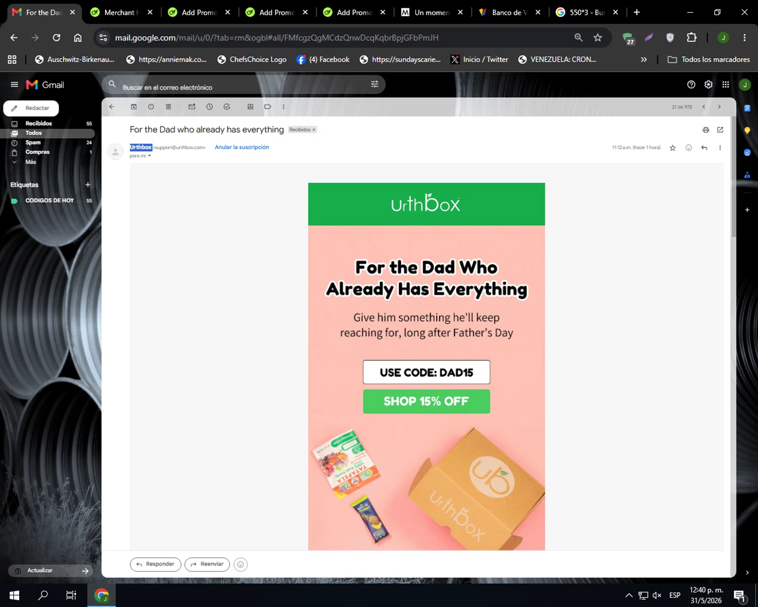 Urthbox promo code screenshot showing code DAD15 applied at Urthbox checkout page. Uploaded by SimplyCodes community member Codehunter on May 31, 2026