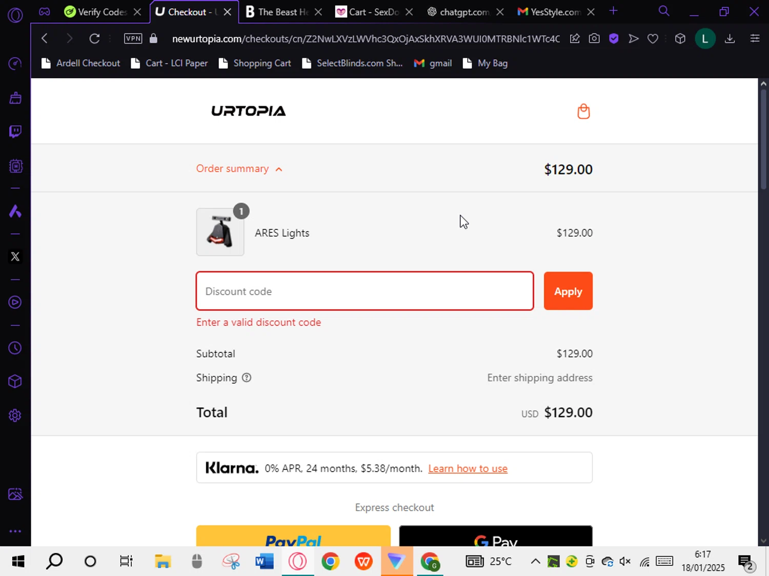 Urtopia discount code screenshot showing code HONEY200 applied at Urtopia checkout page. Uploaded by SimplyCodes community member DiscountTiger7720 on Jan 18, 2025