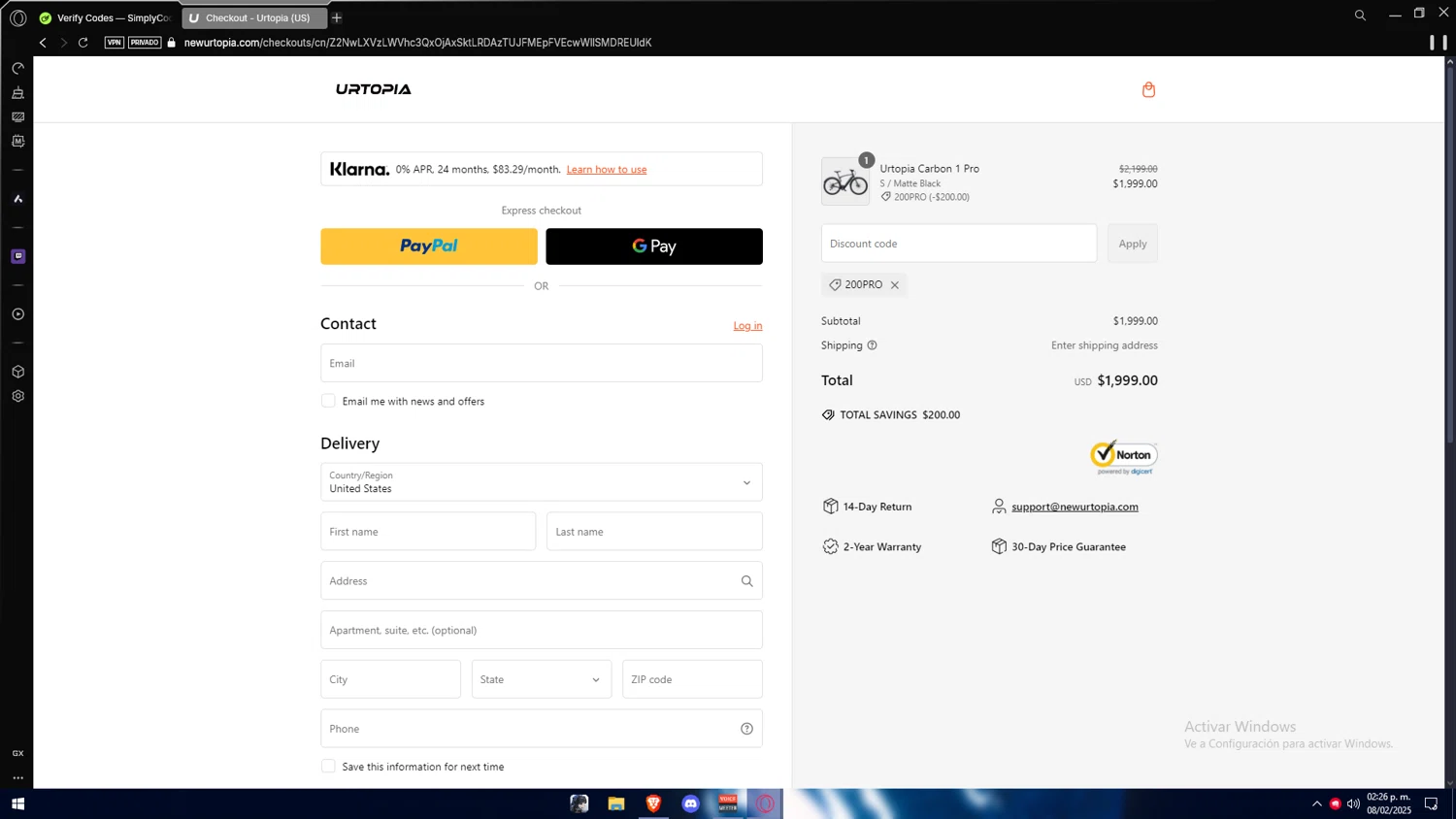 Urtopia checkout page showing Urtopia discount code box | Screenshot taken by SimplyCodes community member on Feb 8, 2025