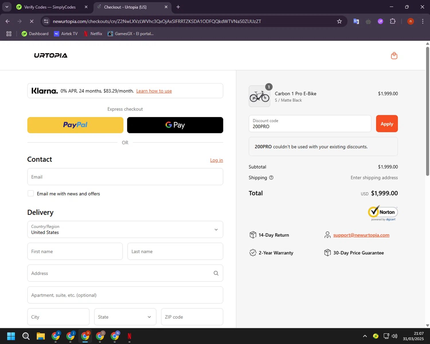 Urtopia checkout page showing Urtopia discount code box | Screenshot taken by SimplyCodes community member on Apr 1, 2025