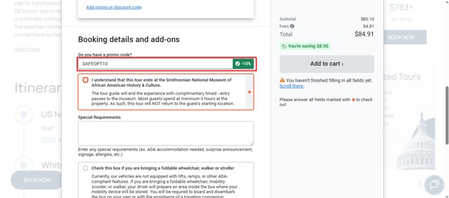 USA Guided Tours checkout page showing USA Guided Tours promo code box | Screenshot taken by SimplyCodes community member on Sep 6, 2025