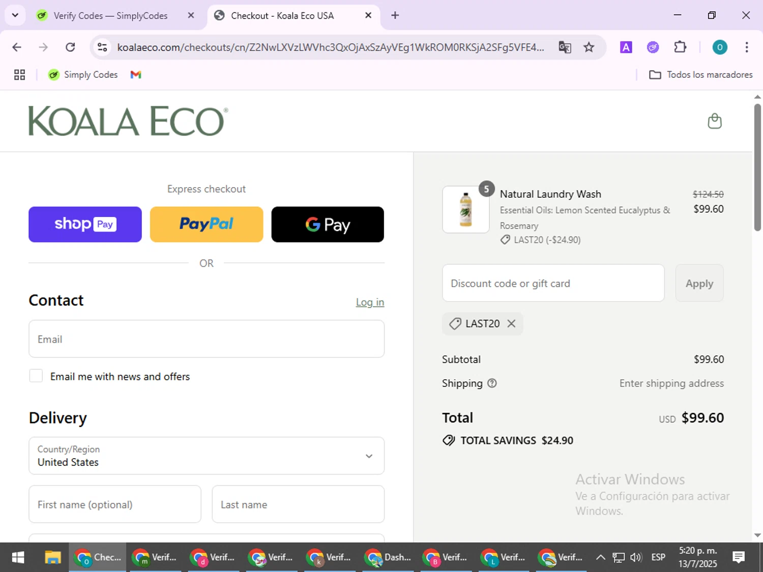 USA Koala Eco promo code screenshot showing code LAST20 applied at USA Koala Eco checkout page. Uploaded by SimplyCodes community member BudgetSeeker9524 on Jul 13, 2025