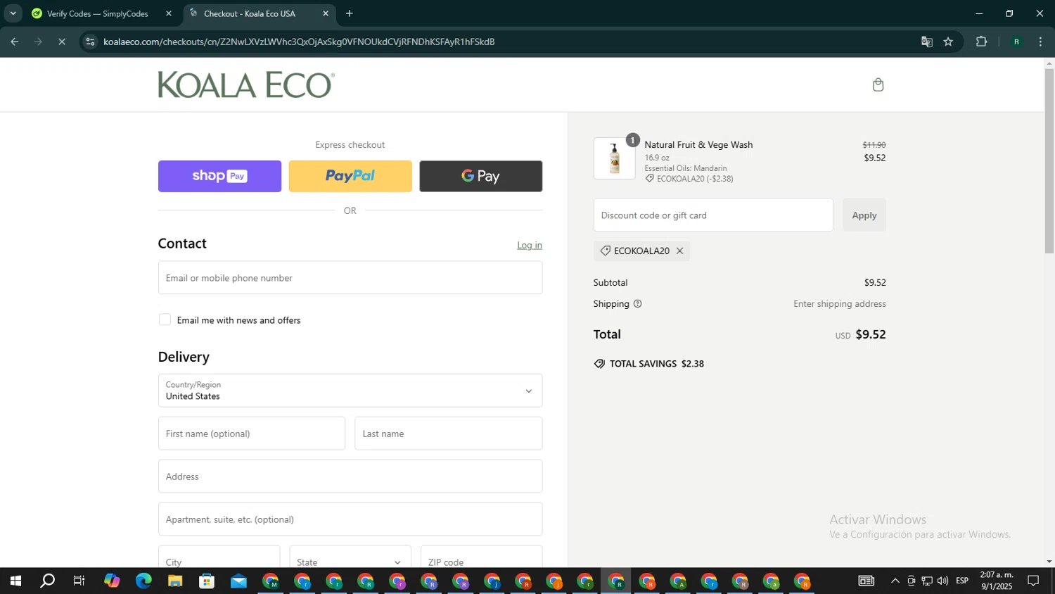 USA Koala Eco promo code screenshot showing code ECOKOALA20 applied at USA Koala Eco checkout page. Uploaded by SimplyCodes community member ScanPioneer7706 on Jan 9, 2025