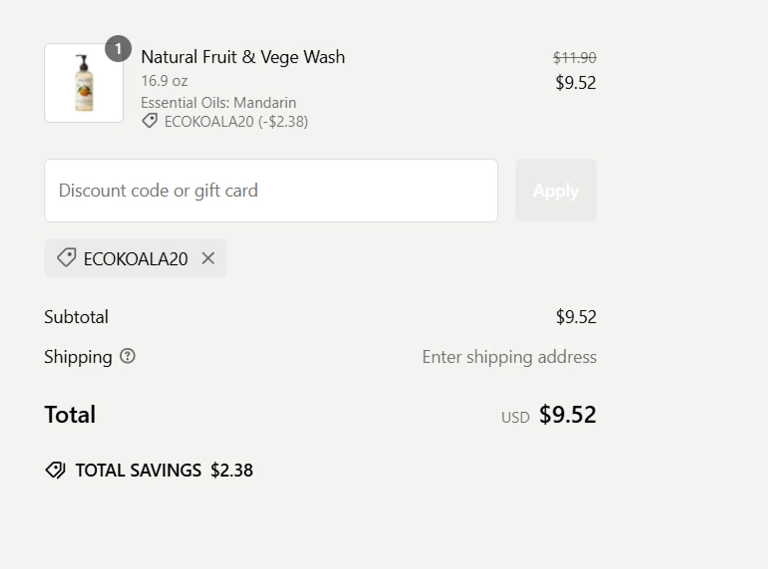USA Koala Eco promo code screenshot showing code ECOKOALA20 applied at USA Koala Eco checkout page. Uploaded by SimplyCodes community member RebatePilot8693 on Jan 7, 2025