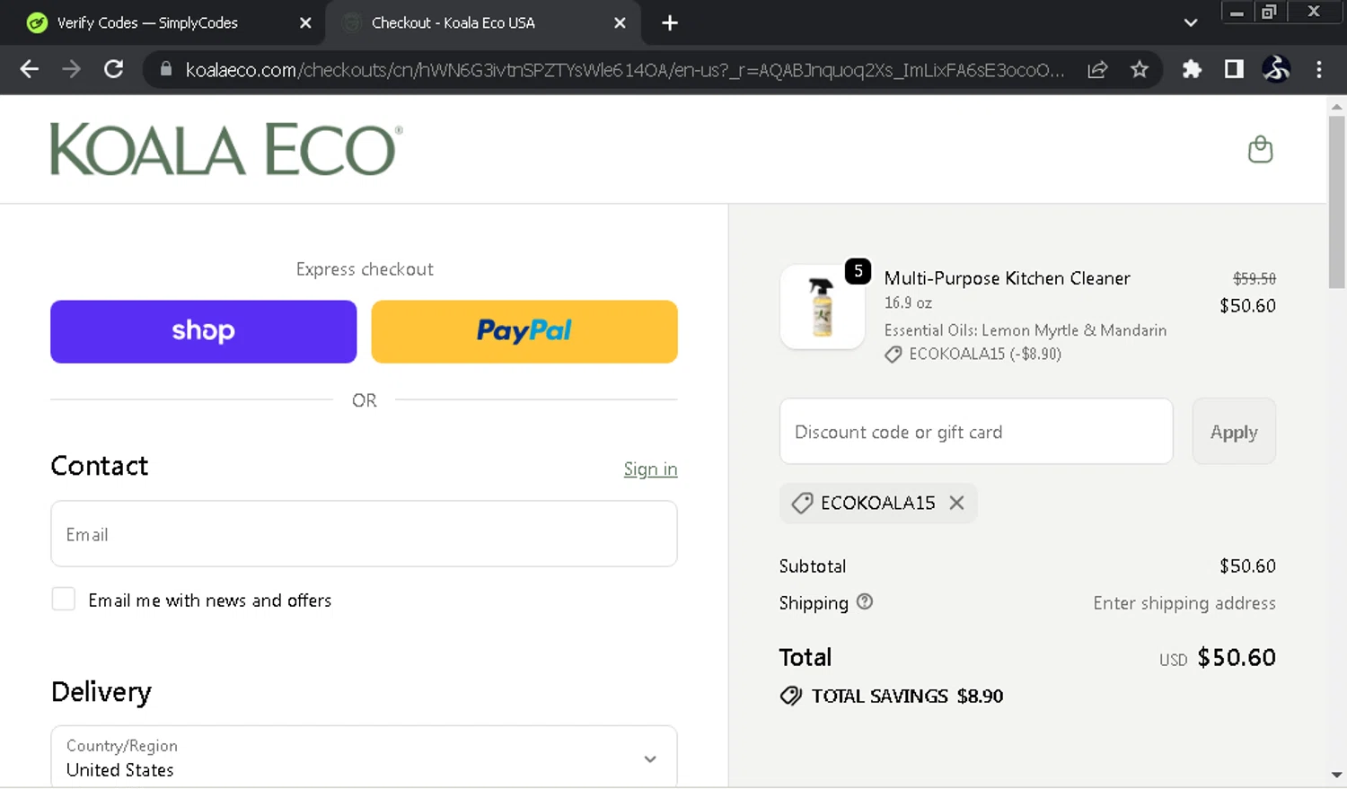 USA Koala Eco promo code screenshot showing code ECOKOALA15 applied at USA Koala Eco checkout page. Uploaded by SimplyCodes community member SwiftOwl697 on Dec 10, 2025