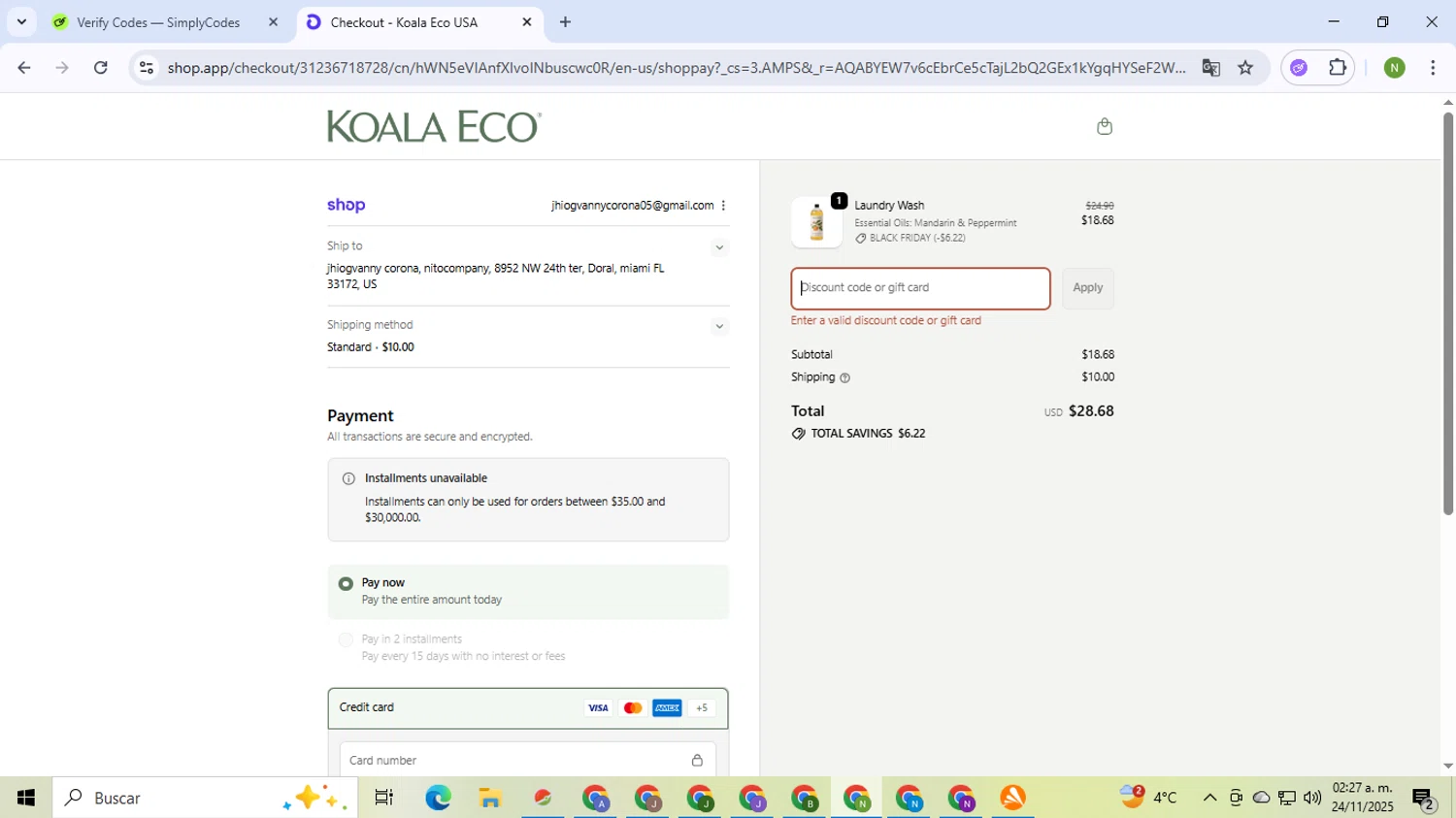 USA Koala Eco promo code screenshot showing code ALICE10 applied at USA Koala Eco checkout page. Uploaded by SimplyCodes community member TokenMaverick6956 on Nov 24, 2025