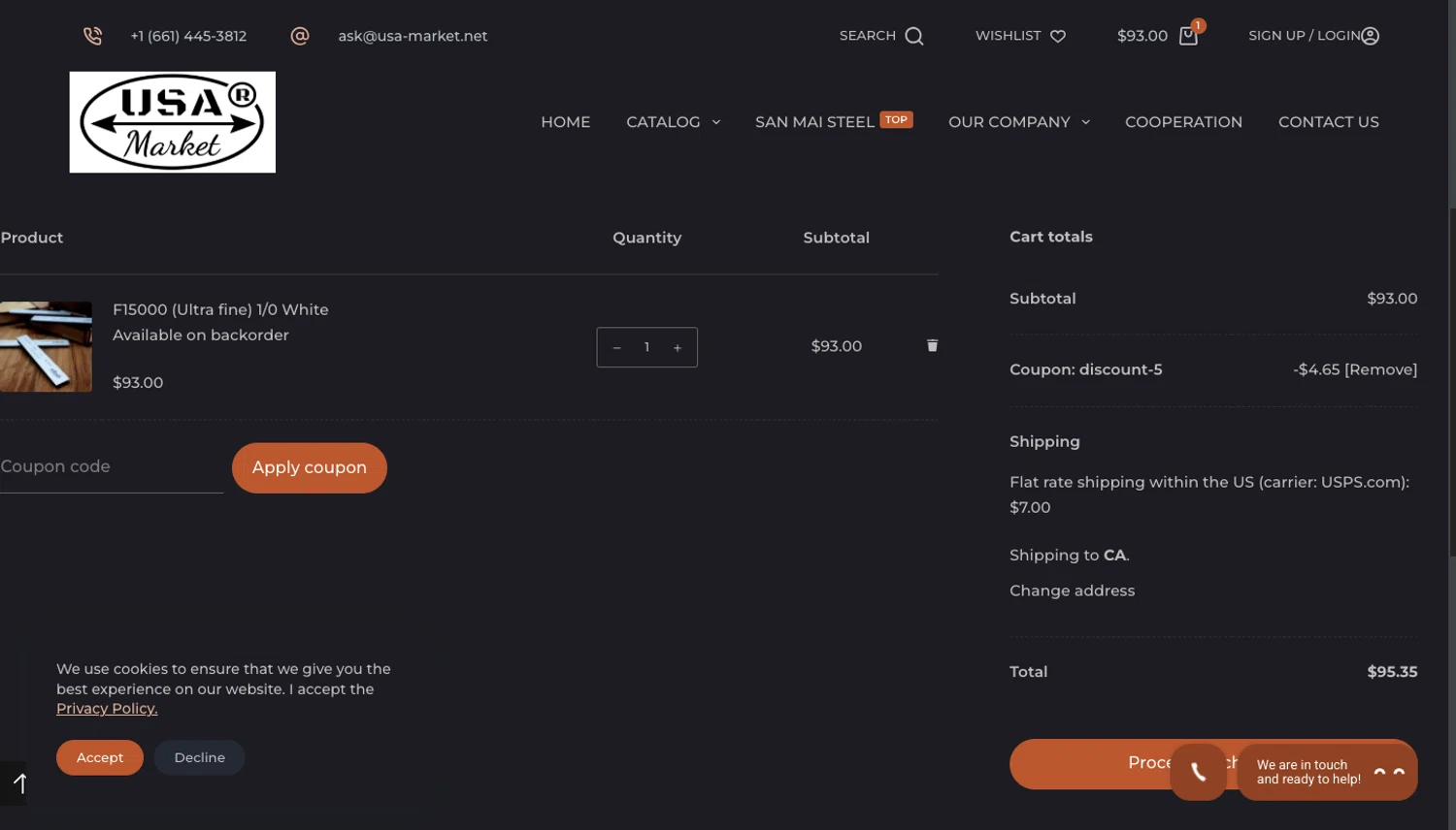 USA-Market promo code screenshot showing code discount-5 applied at USA-Market checkout page. Uploaded by SimplyCodes community member Peluche on Jun 22, 2025