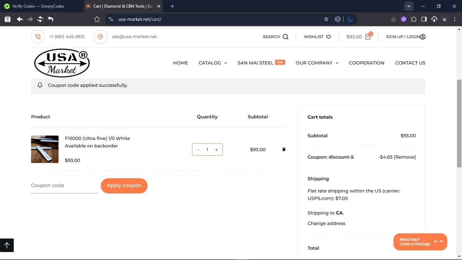 USA-Market checkout page showing USA-Market promo code box | Screenshot taken by SimplyCodes community member on May 18, 2025
