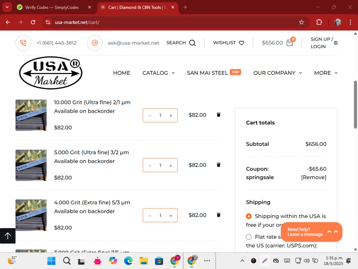 USA-Market checkout page showing USA-Market promo code box | Screenshot taken by SimplyCodes community member on May 18, 2025