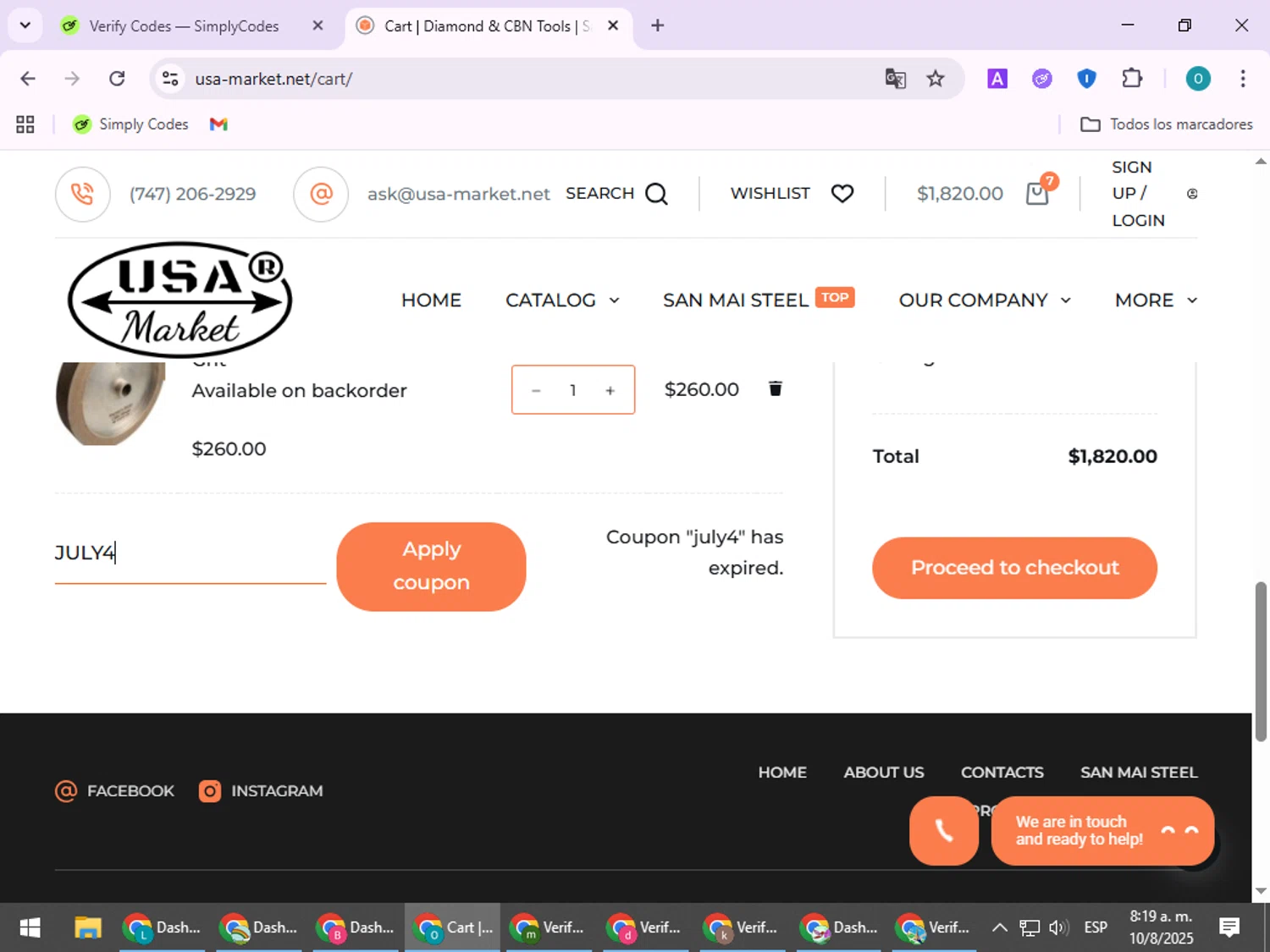 USA-Market promo code screenshot showing code JULY4 applied at USA-Market checkout page. Uploaded by SimplyCodes community member BudgetSeeker9524 on Aug 10, 2025