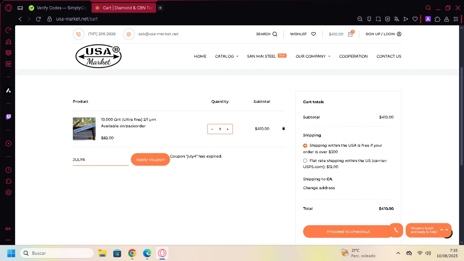 USA-Market promo code screenshot showing code JULY4 applied at USA-Market checkout page. Uploaded by SimplyCodes community member YunoMaria on Aug 10, 2025