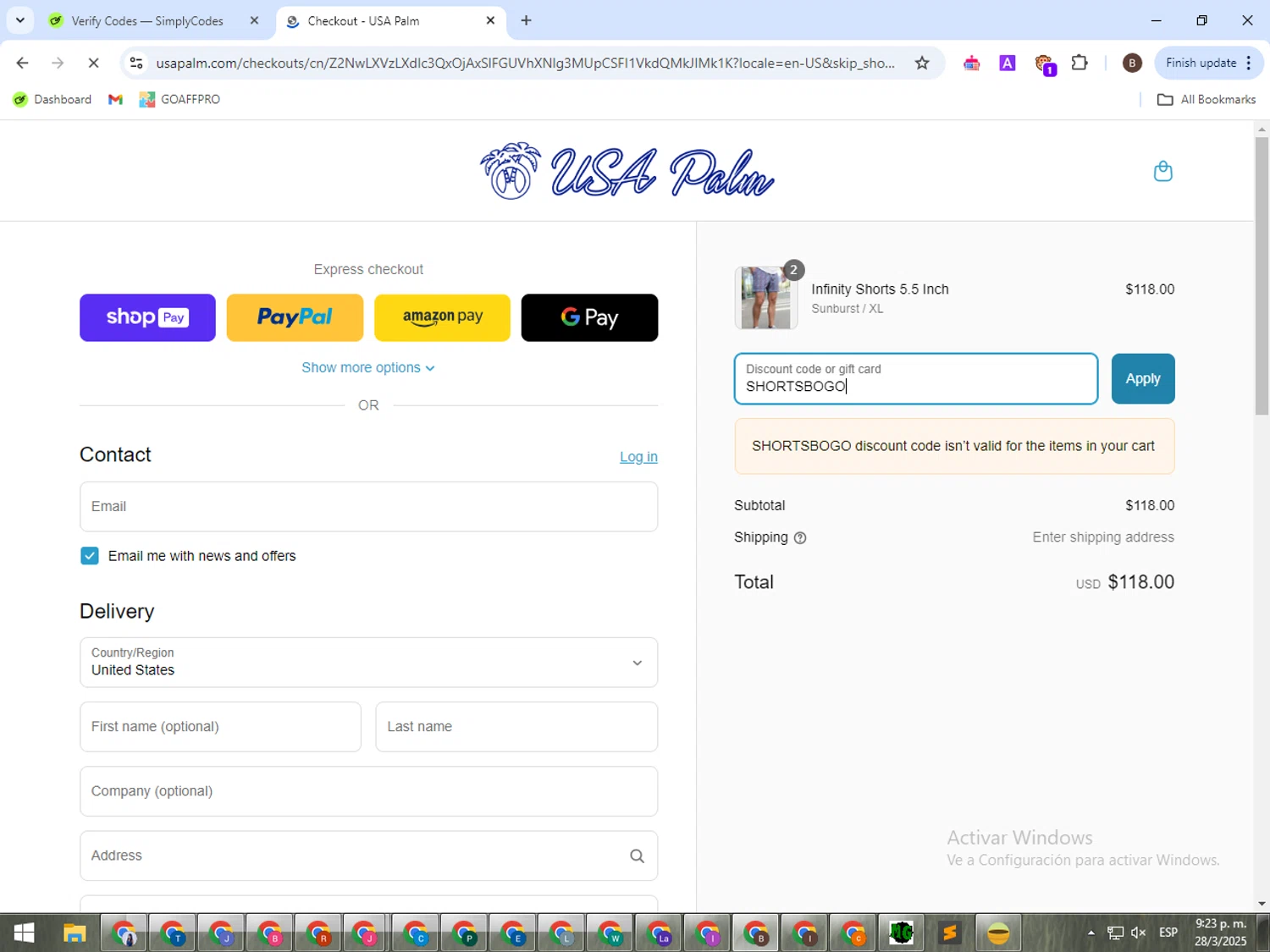 USA Palm discount code screenshot showing code SHORTSBOGO applied at USA Palm checkout page. Uploaded by SimplyCodes community member ValueElite5604 on Mar 29, 2025