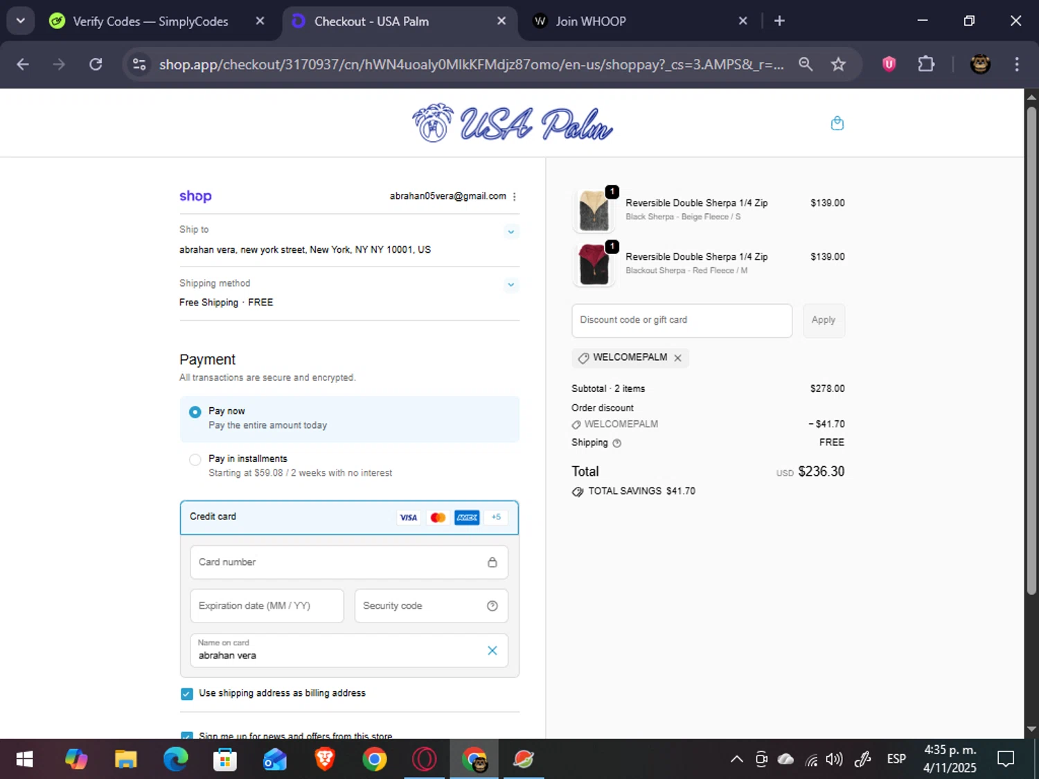 USA Palm discount code screenshot showing code WELCOMEPALM applied at USA Palm checkout page. Uploaded by SimplyCodes community member abrahanv on Nov 4, 2025