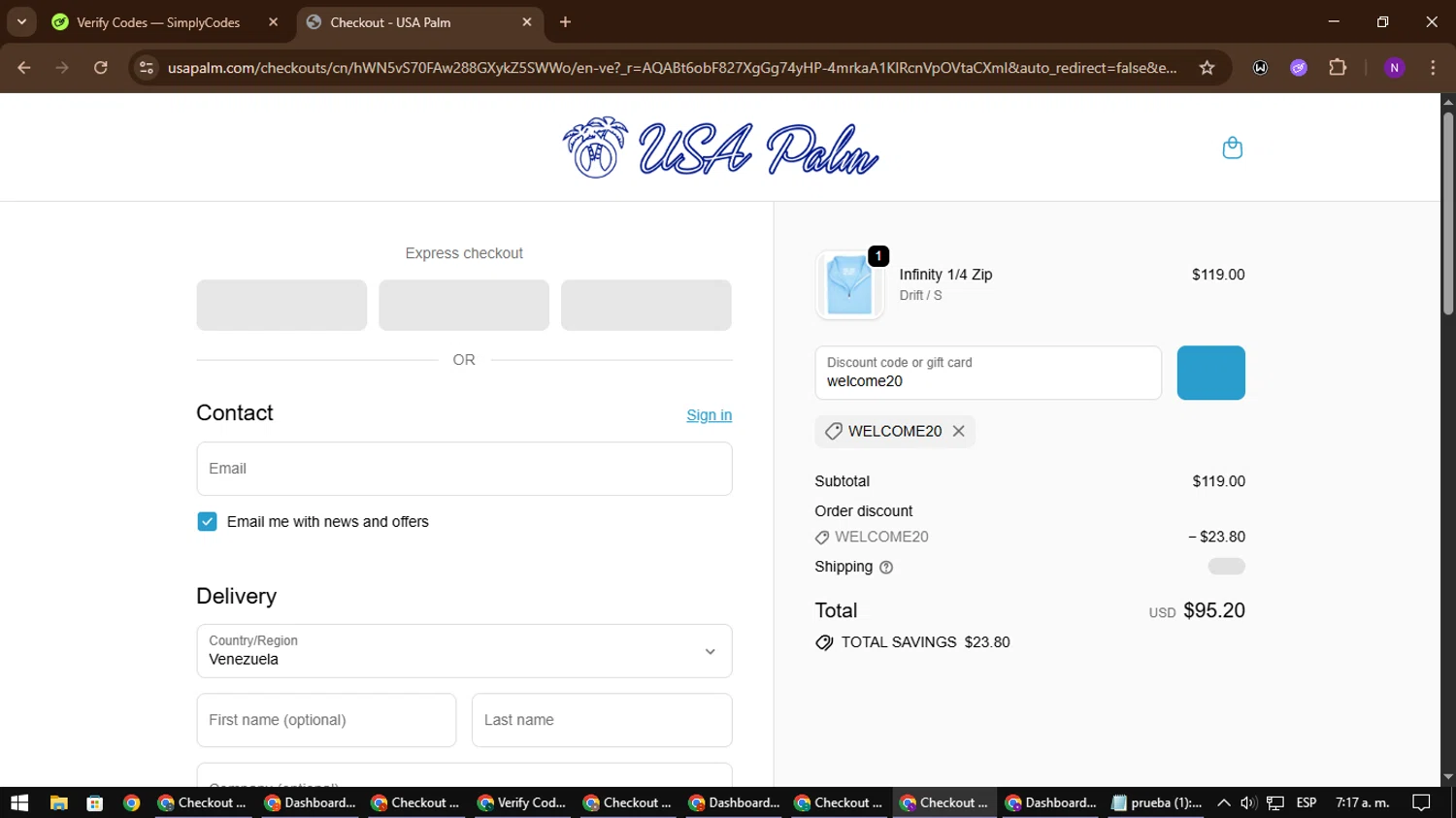 USA Palm discount code screenshot showing code welcome20 applied at USA Palm checkout page. Uploaded by SimplyCodes community member NATAAAAAANAELCANO on Dec 1, 2025