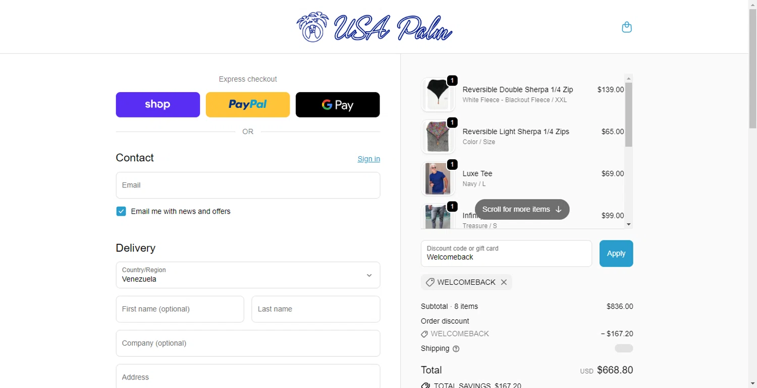 USA Palm discount code screenshot showing code Welcomeback applied at USA Palm checkout page. Uploaded by SimplyCodes community member PennyOwl696 on Dec 6, 2025